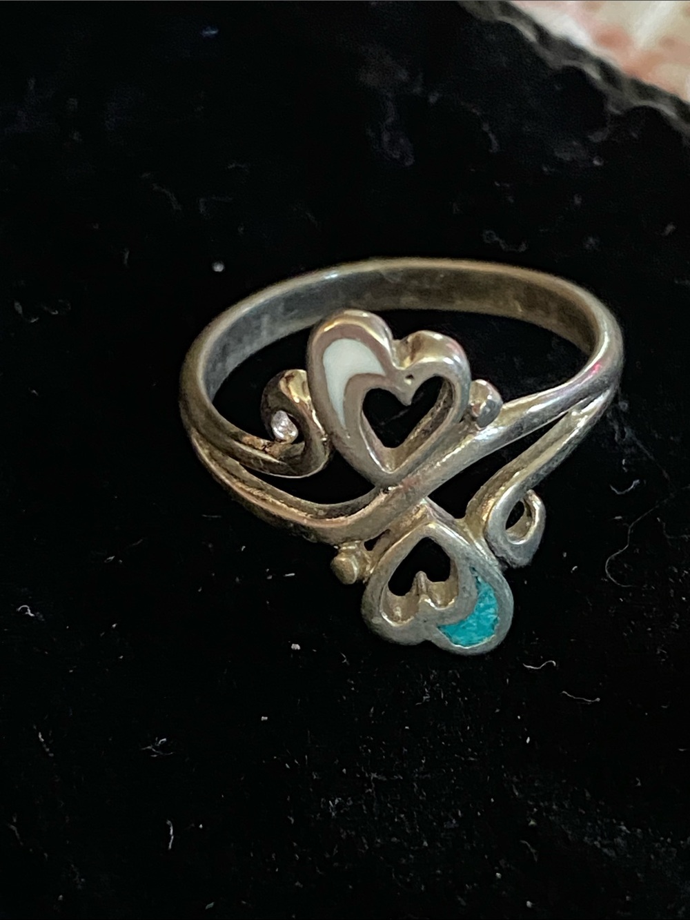 Dual Silver Heart Motif Ring with Turquoise and White Enamel